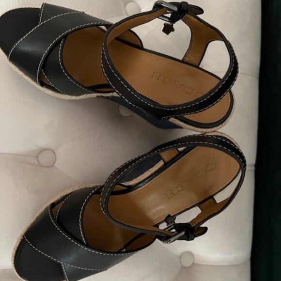 Coach Eaton Denim Wedge Black Leather Upper Sandal 8 Medium - Never Worn - Picture 1 of 13